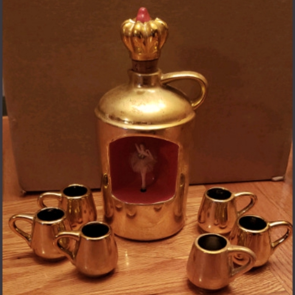 Antique gold Liquor bottle musical ballerina  shot glasses